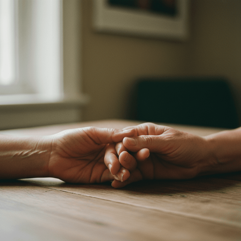 Hand einer Großmutter hält sanft die Hand ihres Enkelkindes — Generationen verbunden durch Fürsorge