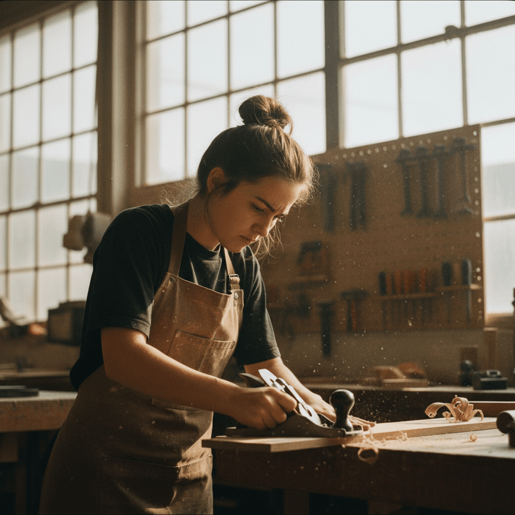 Junge Auszubildende arbeitet konzentriert in einer Holzwerkstatt — Ausbildung finanziell abgesichert