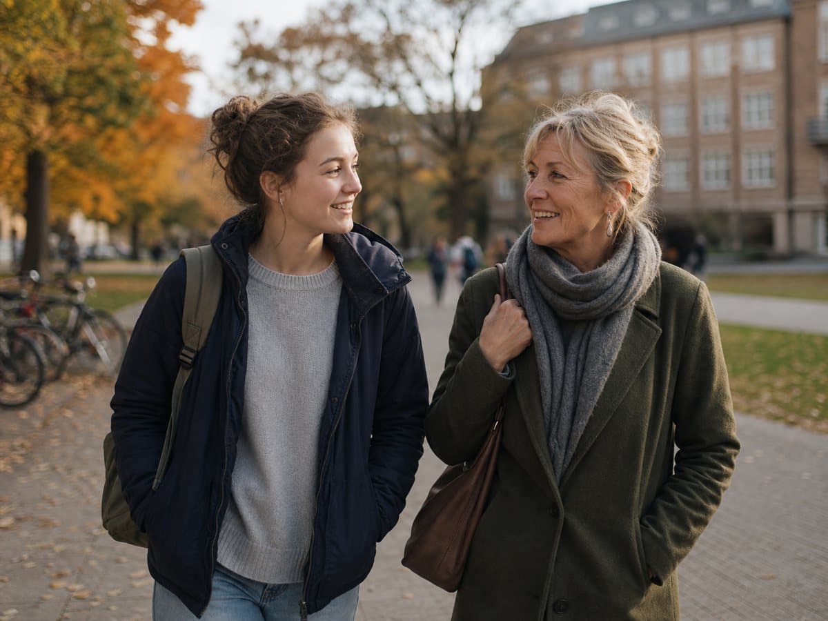 Studentin geht mit ihrer Großmutter über einen Campus